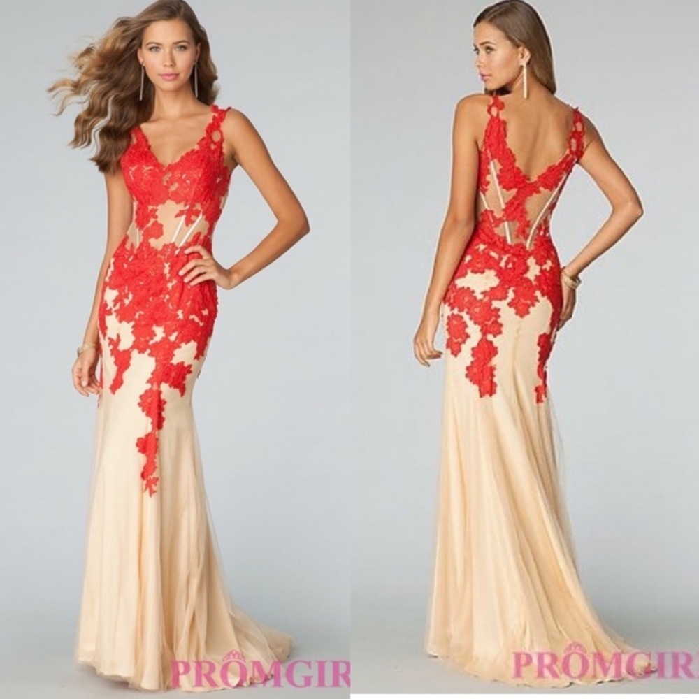 JVN by Jovani Red Lace Sheer Prom Dress